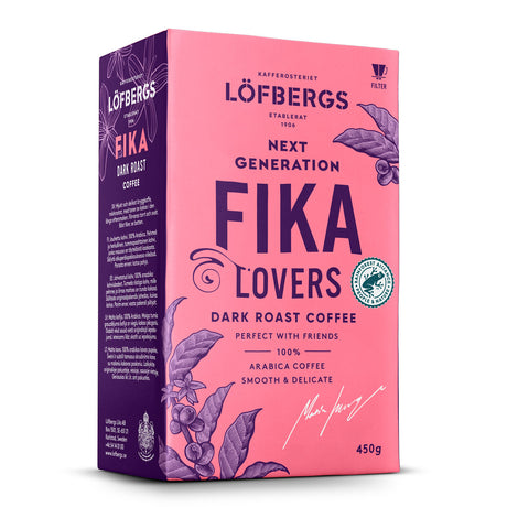 A 15.87 oz box of Lofbergs Fika Dark Roast Ground Coffee, a Swedish blend of 100% arabica beans, Rainforest Alliance-certified, with purple coffee plant art on a pink background.