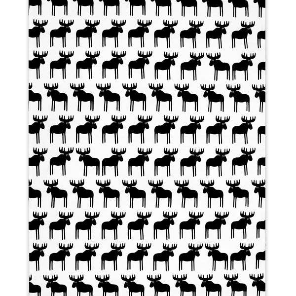 The Tea Towel: Moose features rows of black moose silhouettes on a white 100% cotton towel, ideal for Scandinavian kitchens or as a Swedish dishcloth.
