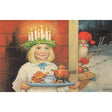 A girl, adorned with a candle crown that evokes the tradition of Saint Lucia, carries a tray of tea and pastries while a man dressed as Santa peeks around the door, enhancing the festive spirit—a perfect illustration for holiday cards. Available in the Card Pack: St Lucia (Saint Lucia).