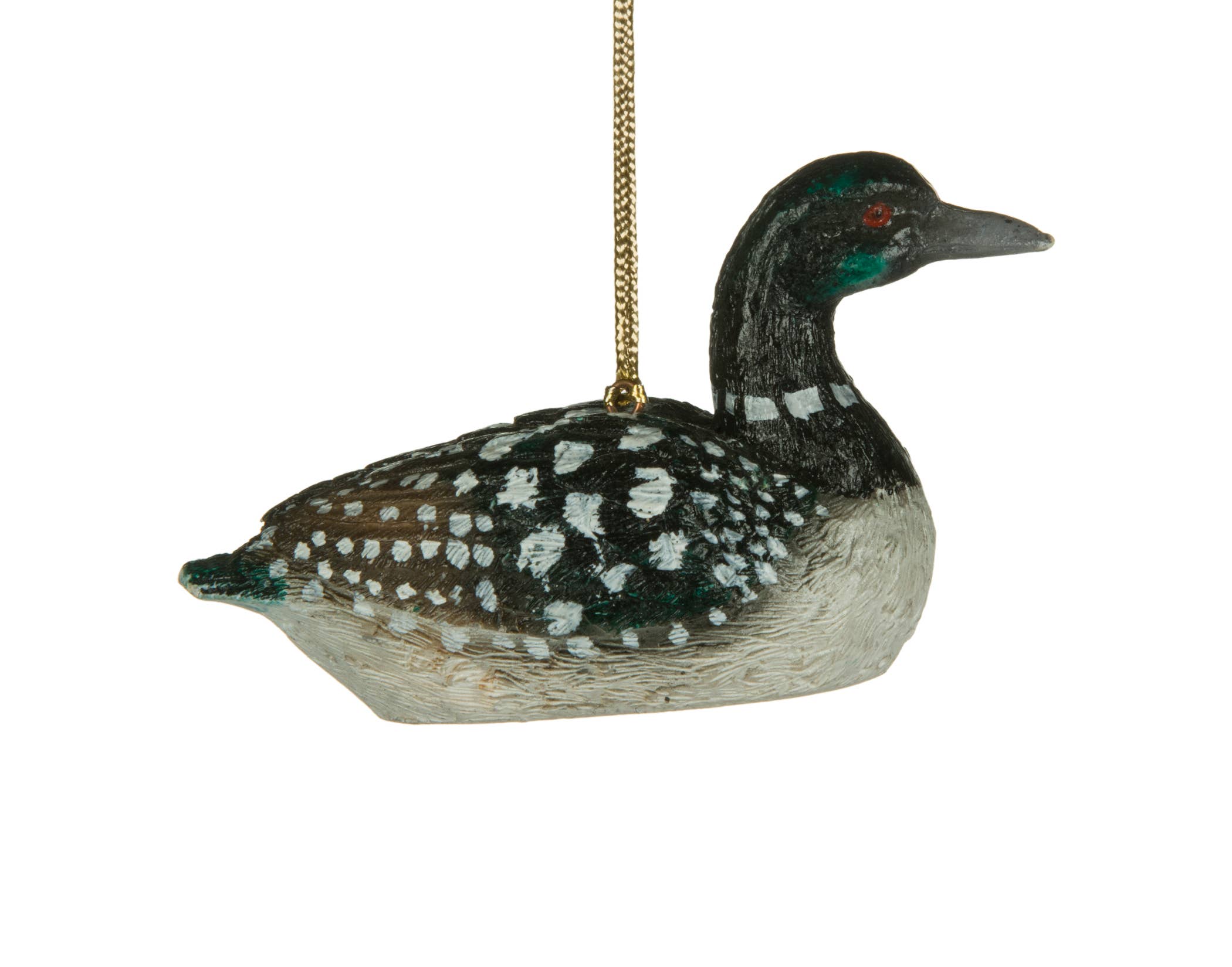 The 3 Loon Ornament features a black and white pattern and hangs by a gold string, adding charm to your holiday decor on a white background.