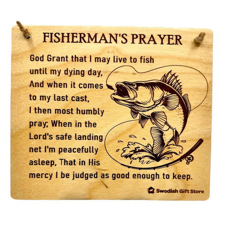 The Novelty Signs: Fisherman’s Prayer Wooden Plaque (7¾" × 6¾") features rustic faith and fishing décor with an engraved fish illustration and heartfelt prayer—an ideal accent for any angler’s space.