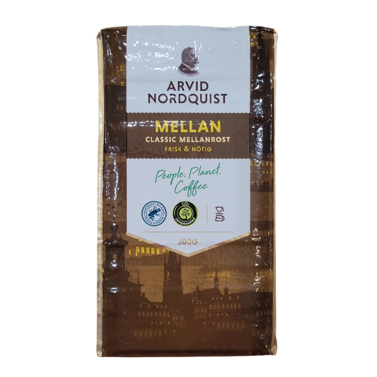 A 17.6oz package of Arvid Nordquist Classic Mellanrost Ground Coffee, made with 100% Arabica beans and certifications, featuring People, Planet, Coffee on the front. This Swedish coffee is medium-roasted for a delightful experience.