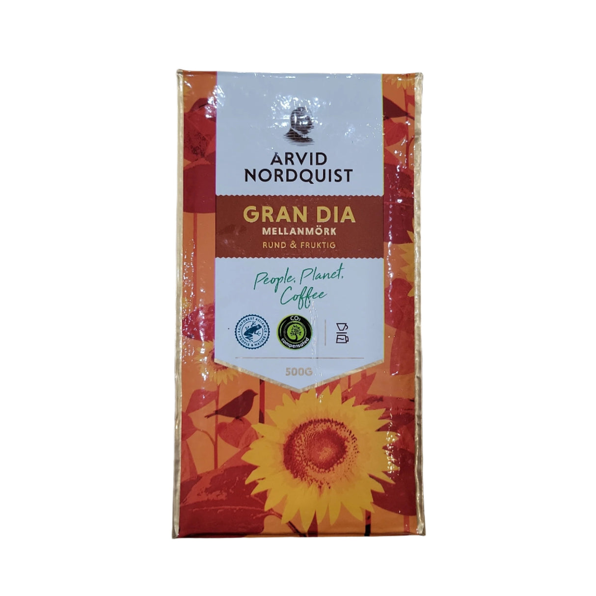 A 17.6 oz pack of Arvid Nordquist Gran Dia Classic Swedish Ground Coffee, medium/dark roast, with sunflower artwork and certification logos on the front.