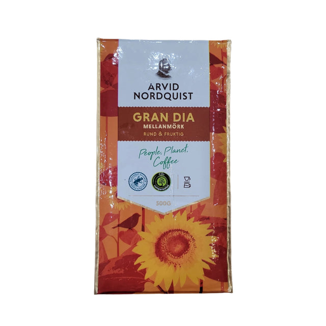 A 17.6 oz pack of Arvid Nordquist Gran Dia Classic Swedish Ground Coffee, medium/dark roast, with sunflower artwork and certification logos on the front.
