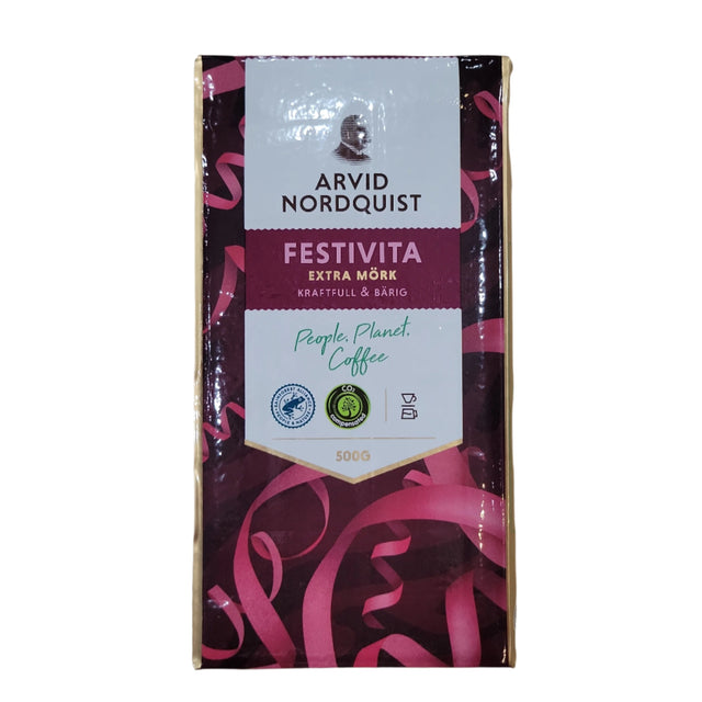 A 17.6 oz package of Arvid Nordquist Festivita Dark Roast ground coffee, made from select Arabica beans, features a pink ribbon design and displays sustainability certifications on the label.