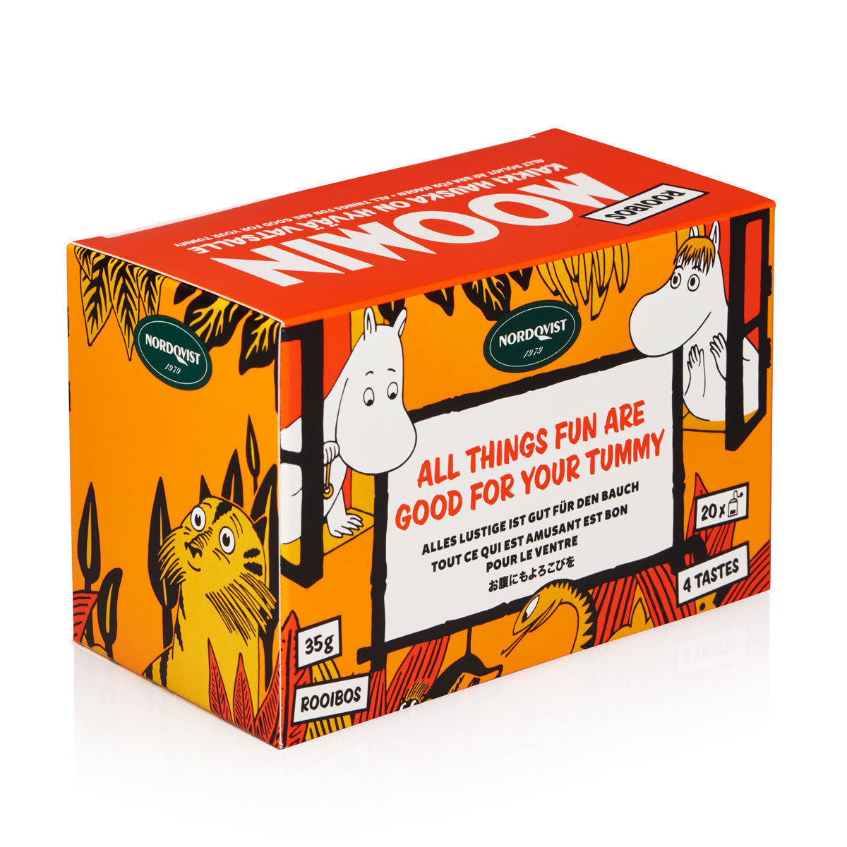 A vibrant box decorated with Moomin characters carries the message, "All Things Fun Are Good For Your Tummy." Inside, you'll discover 20 bags of Nordqvist's flavored Rooibos Tea in four delightful varieties.