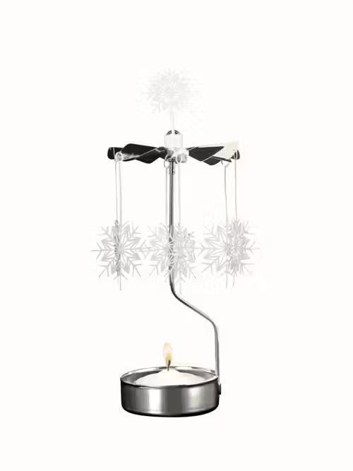 The "Candle Holder: Pluto Design Angel Chime White Star White Snowflakes Silver & White" features elegant snowflake pendants that spin smoothly above a lit tealight candle, making it an ideal Christmas decoration.