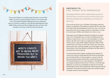 A chalkboard displays the quote “Wealth consists not in having great possessions but in having few wants”; next to it, a happiness tip appears inspired by Meik Wiking’s Book: Little Book of Lykke.