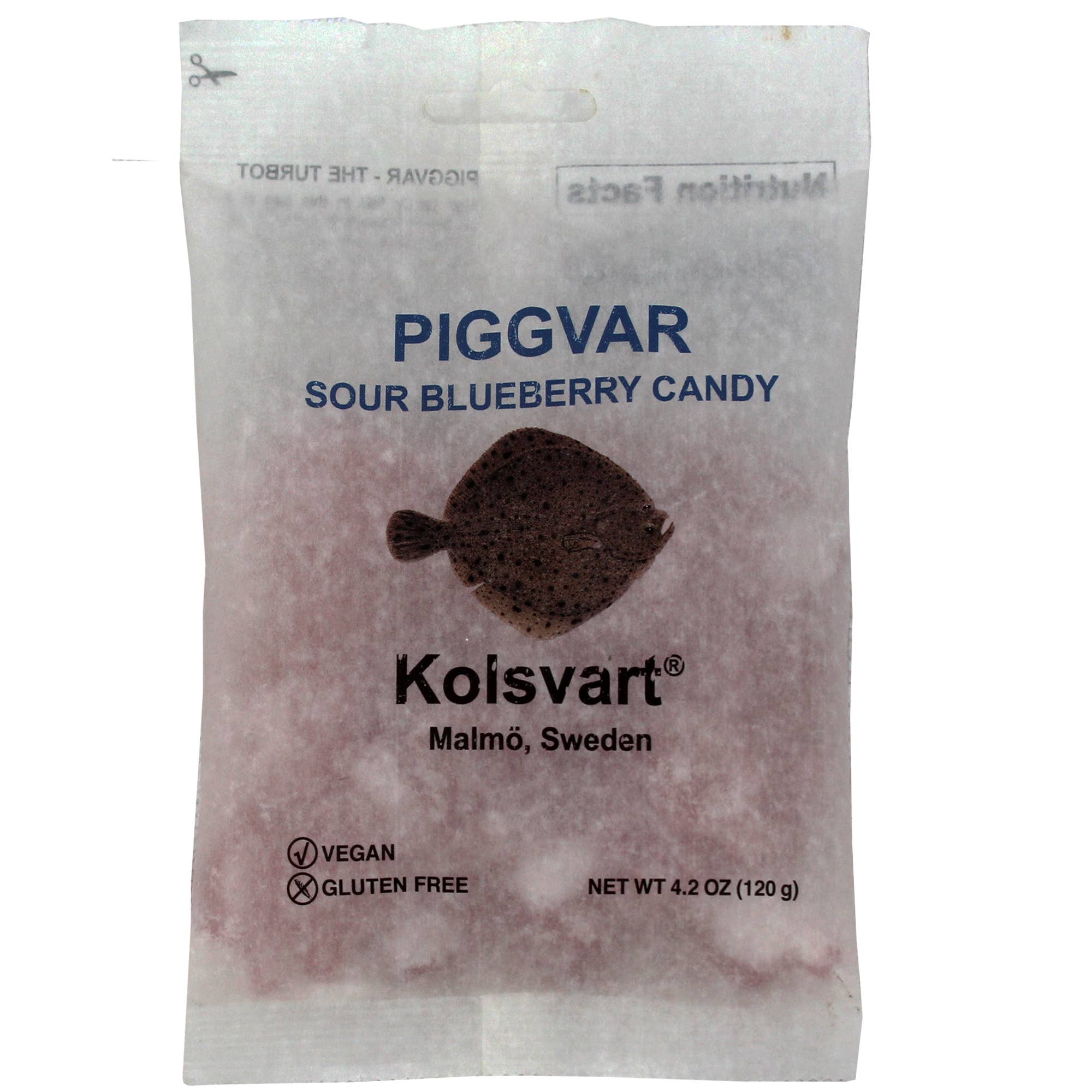 A 4.2 oz packet of Kolsvart Piggvar Sour Blueberry Swedish Fish from Malmö, Sweden—vegan, gluten-free candies inspired by Swedish fish.