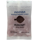 A 4.2 oz packet of Kolsvart Piggvar Sour Blueberry Swedish Fish from Malmö, Sweden—vegan, gluten-free candies inspired by Swedish fish.