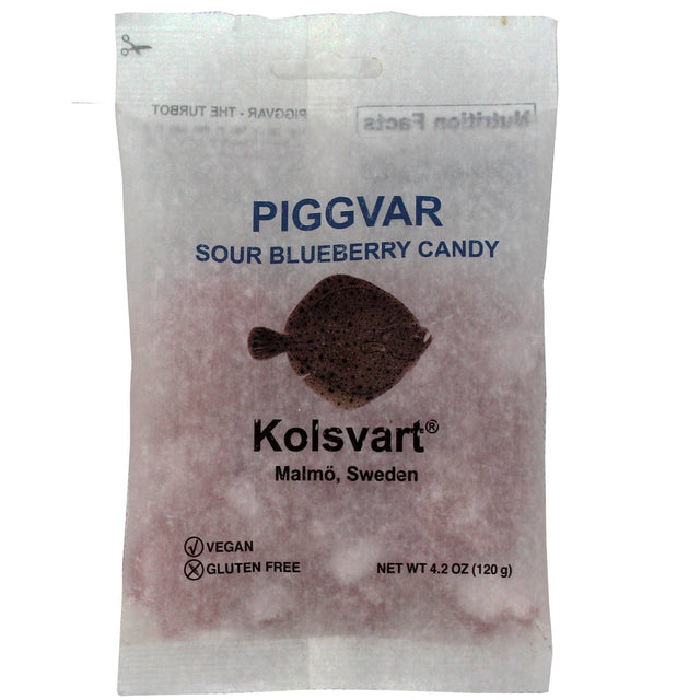 A 4.2 oz packet of Kolsvart Piggvar Sour Blueberry Swedish Fish from Malmö, Sweden—vegan, gluten-free candies inspired by Swedish fish.