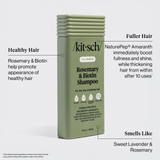 A green 12oz bottle of Kitsch Hair: Volumizing Rosemary & Biotin Shampoo, offering fuller, healthier hair with a sweet lavender and rosemary scent.