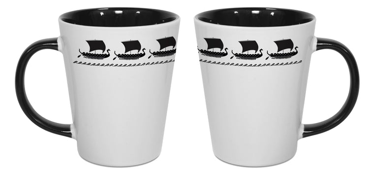 Two 12 oz Viking Ship Latte Mugs feature a design of sailing Viking ships and have white exteriors with black interiors.