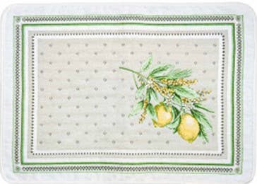 Rectangular table runner with green borders, beige background, small polka dots, and an illustration of two lemons with leaves and flowers in one corner.