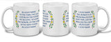 Three white 11 oz mugs are displayed, each featuring the Swedish Table Prayer in Swedish and English, surrounded by a border of Swedish flowers. Product: Mug: Swedish Table Prayer in Swedish & English on a White 11 oz Mug.