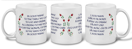 Three white 11 oz mugs display the Norwegian Table Prayer in both English and Norwegian with a floral border of Norwegian flowers.