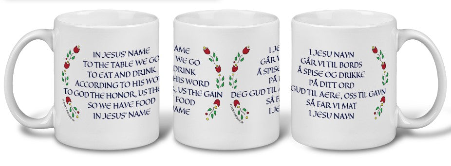 Three 11 oz white mugs feature the Norwegian Table Prayer text in English and Norwegian, accompanied by Swedish flowers and floral decorations next to each text block, adding charm to any setting.