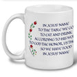White 11 oz ceramic coffee mug featuring the Norwegian Table Prayer in both Norwegian and English, with red and green Scandinavian accents. Perfect for enjoying drinks with a meaningful blessing.
