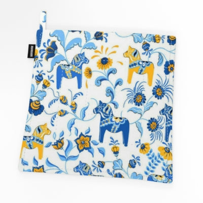 Square fabric potholder featuring a blue, yellow, and white floral pattern with a Mini Dala Horse design by Arvidssons Textil, named "Potholder: Leksand Mini Blue & Yellow Dala Horse.