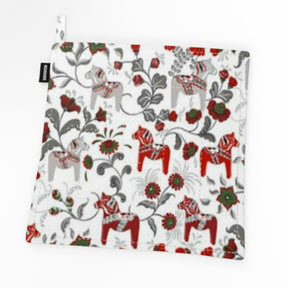 Square potholder named Leksand Mini Dala Horse featuring red and gray horse and floral patterns on a white background.