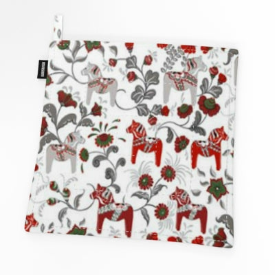 Square potholder named Leksand Mini Dala Horse featuring red and gray horse and floral patterns on a white background.