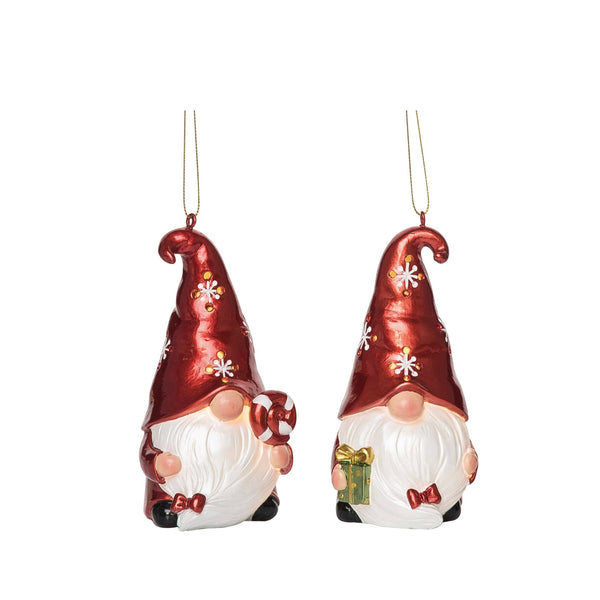 Brighten your Christmas décor with the Ornament: Resin 5.3 Christmas Light Up Gnome Ornament Set 2—adorable gnomes with red hats, white beards, and gold loops, each holding a candy cane or green present for festive charm.