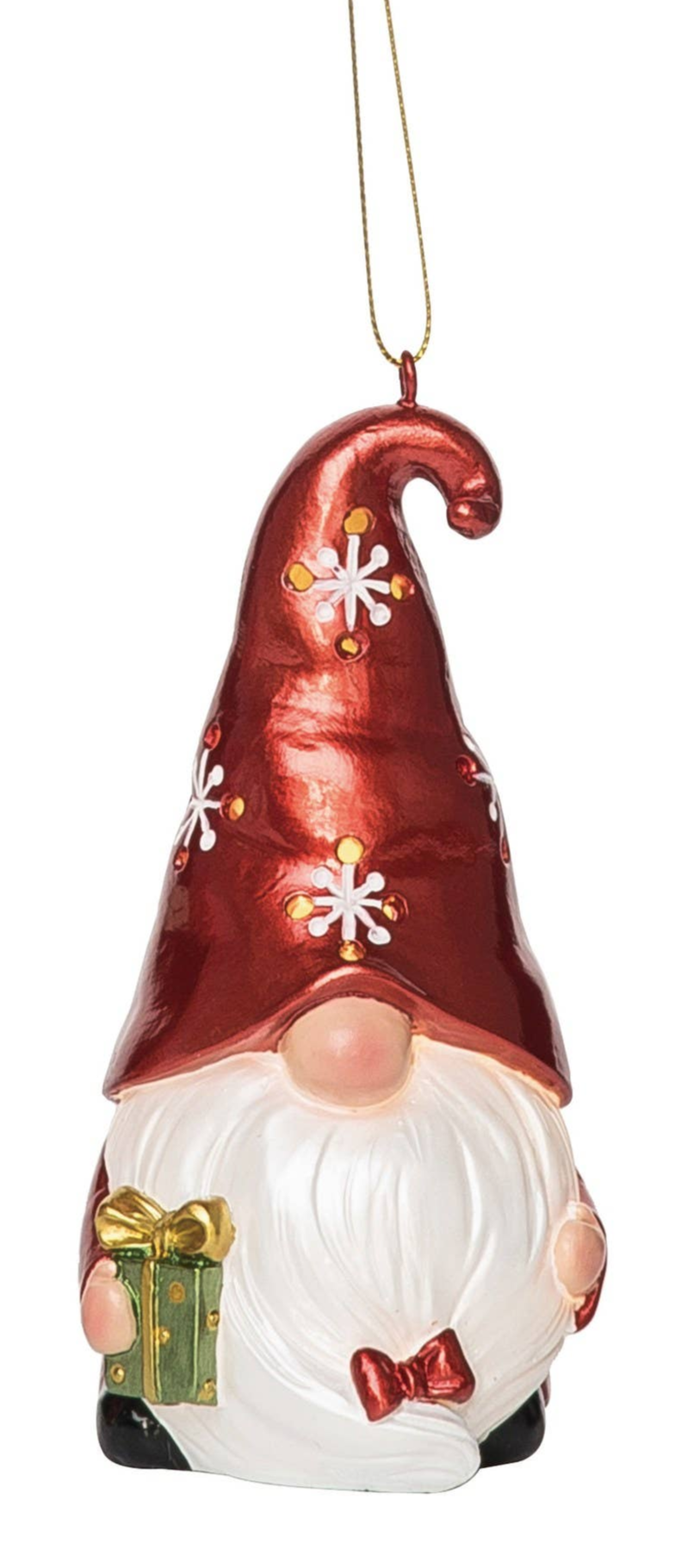 Add festive charm to your tree with the Christmas Light-Up Gnome Ornament—this 5.3 tall resin piece features a tall red hat with snowflakes, a green gift, gold hanging string, and lights up for an extra holiday glow.