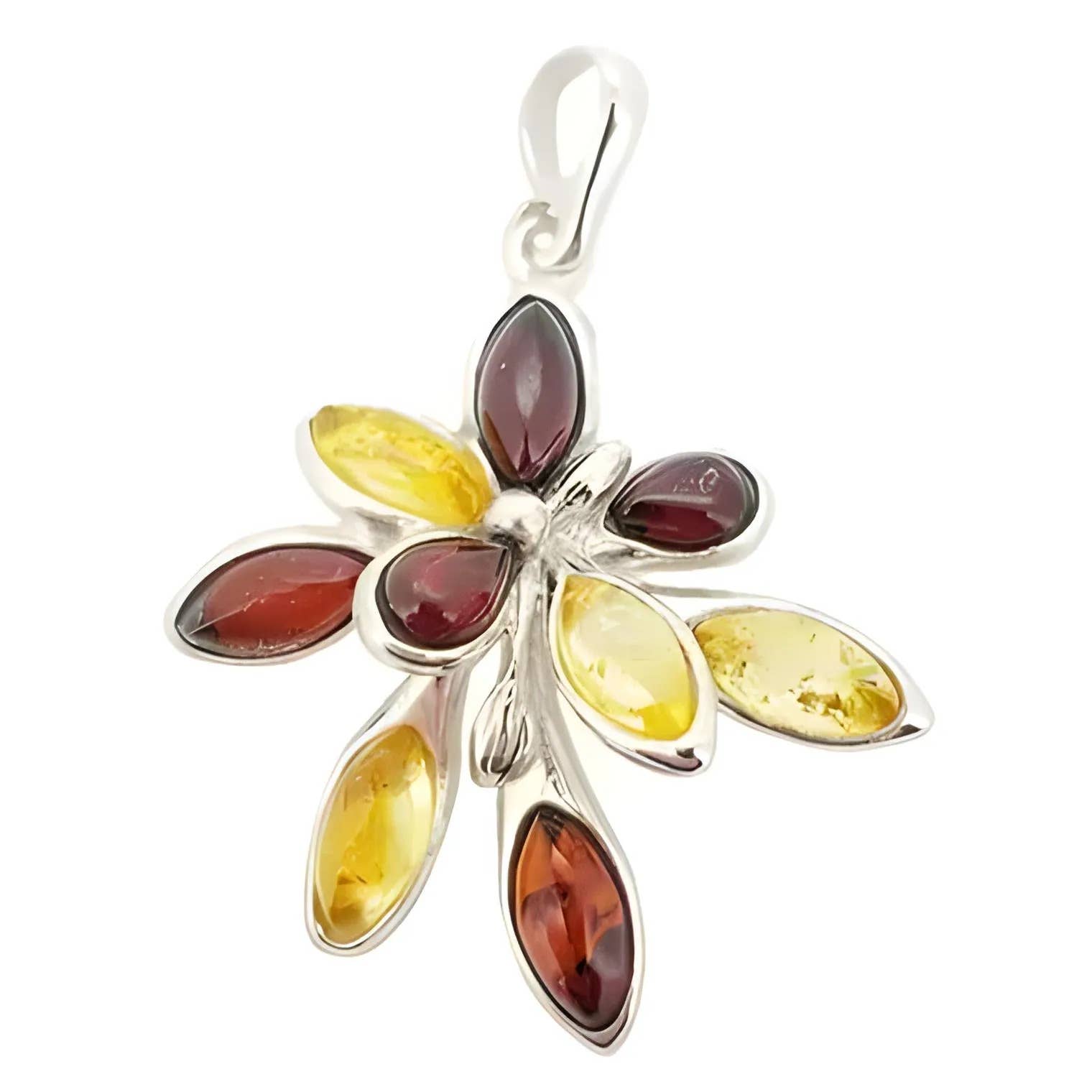 The Pendant: Flower Multi Color Amber Silver Pendant showcases marquise-cut Baltic amber stones in yellow, orange, and dark red hues set in sterling silver.