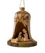 Bell-shaped olive wood ornament with carved nativity figures beneath a star, hanging by a thin string.