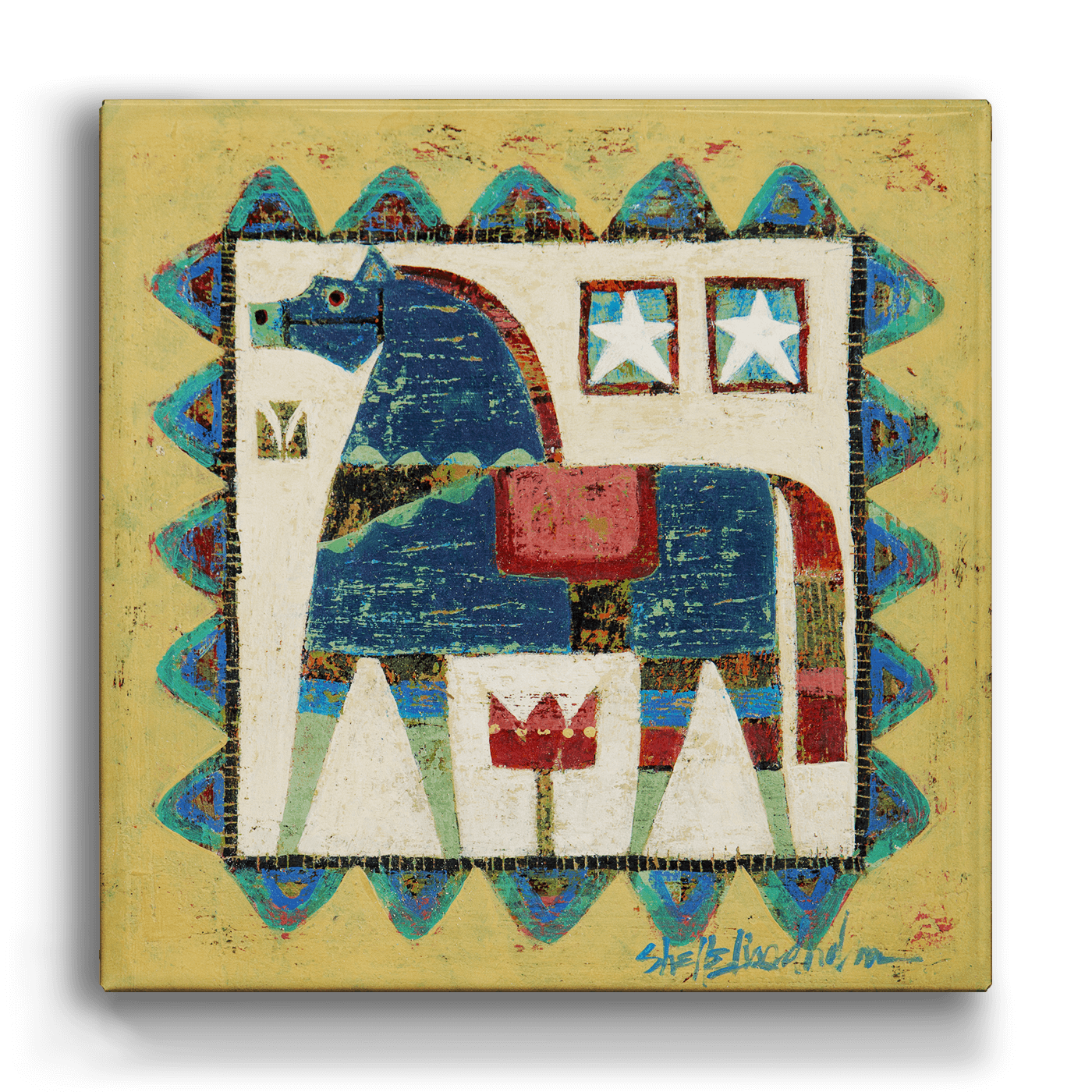 The Wall Decor: Blue Dala Horse - Metal Box Art (Aluminum Box, 18" x 18") features a classic Scandinavian design, adding timeless charm and folk art elegance to your space.