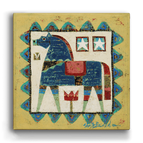 The Wall Decor: Blue Dala Horse - Metal Box Art (Aluminum Box, 18" x 18") features a classic Scandinavian design, adding timeless charm and folk art elegance to your space.