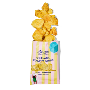 Tear open the pink and yellow bag of BonBon - A Swedish Candy Co’s Truffle and Parmesan Potato Chips, made in Sweden (1.4 oz / 40g), with golden crisps spilling across a white background—a premium Scandinavian snack perfect for anyone craving irresistible truffle chips.