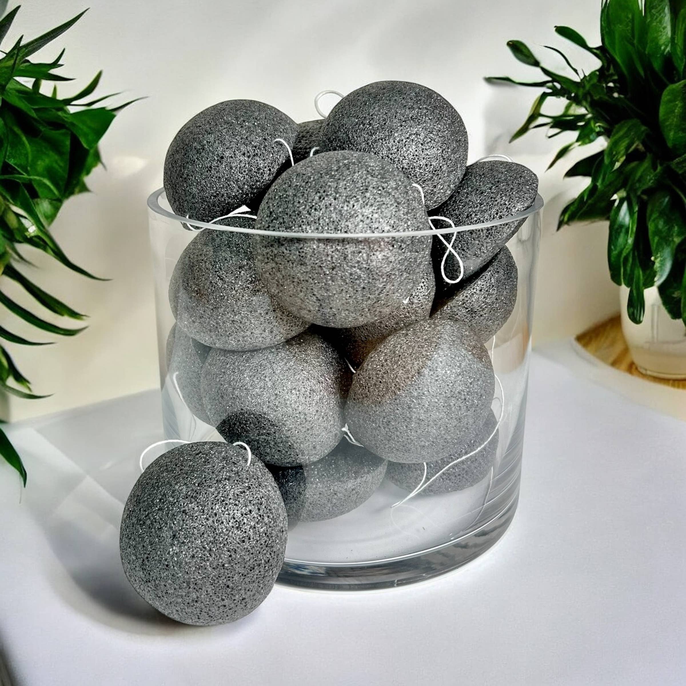 A clear glass container holds round, gray Sponge: Natural Konjac Facial Cleansing Sponge | Charcoal with white strings, set on a white surface between two green potted plants.