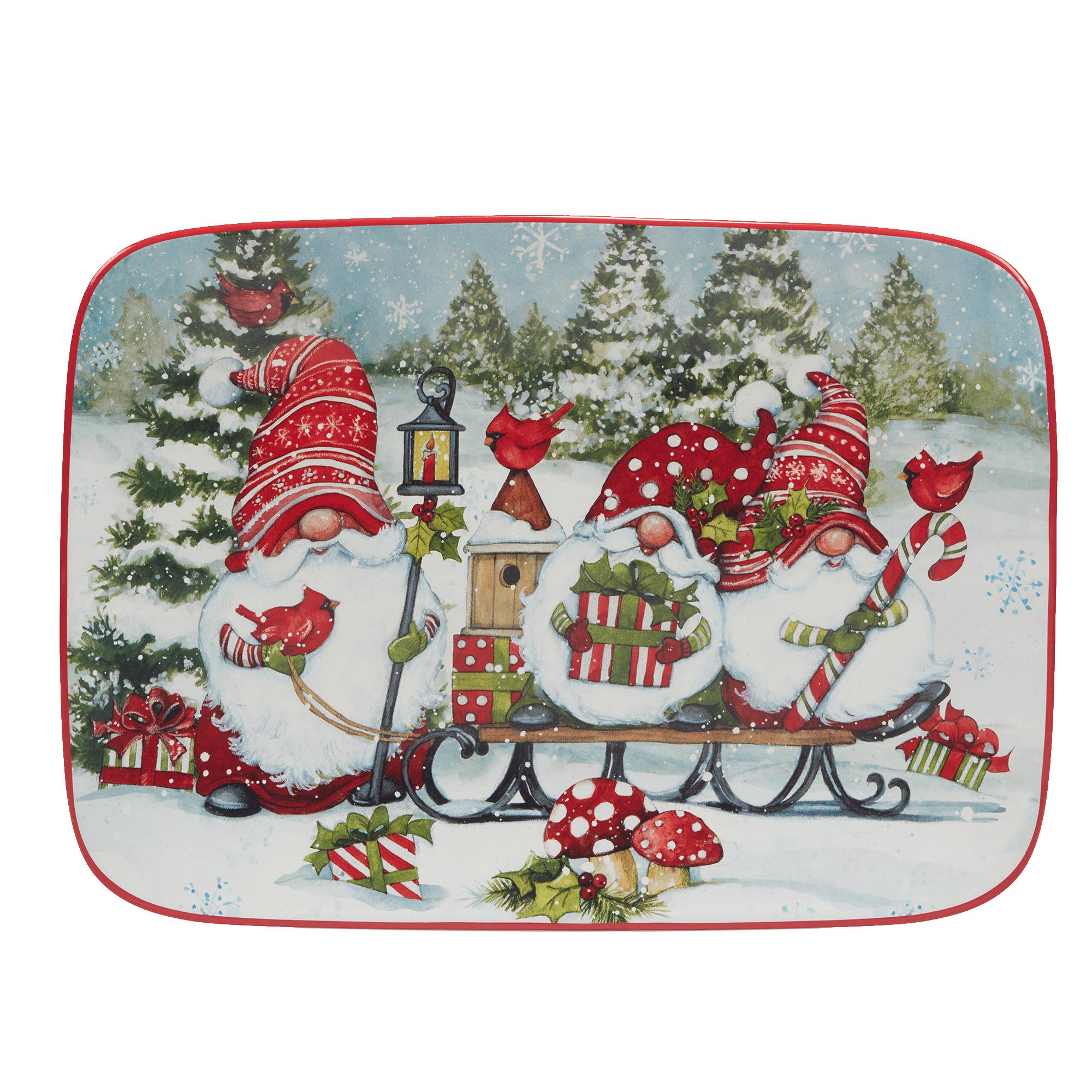 Charming illustration of three gnomes in red hats with gifts on a sleigh in a snowy landscape, featured on our Tray: Christmas Gnomes Rectangular Platter 14in x 10in—ideal for festive holiday serveware.