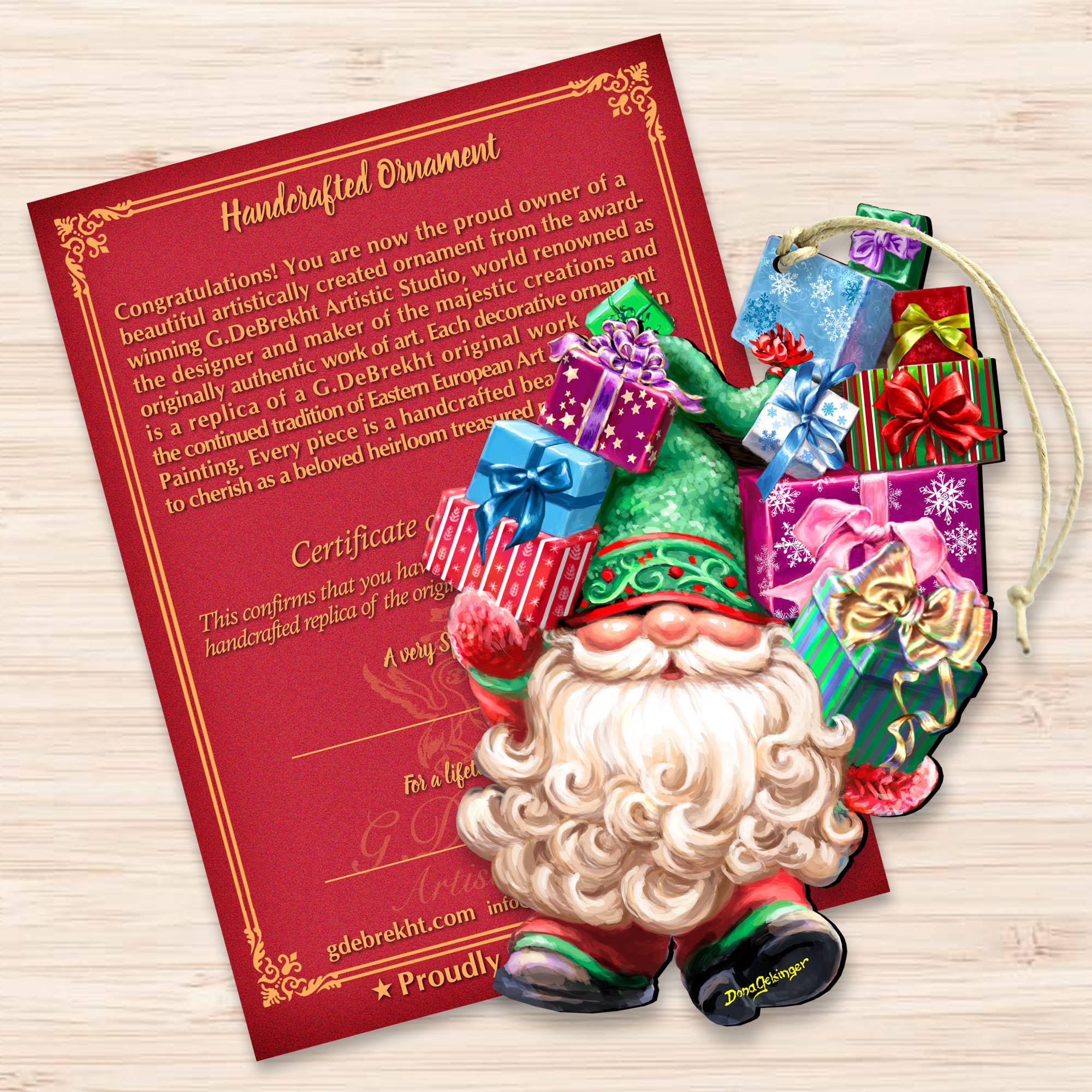 Introducing the Gift Giver Gnome Handcrafted Ornament by D.Gelsinger: This vibrant ornament, complete with a certificate of authenticity, features a festive gnome set against a wood background. It boasts a unique style and is designed to be weather resistant.