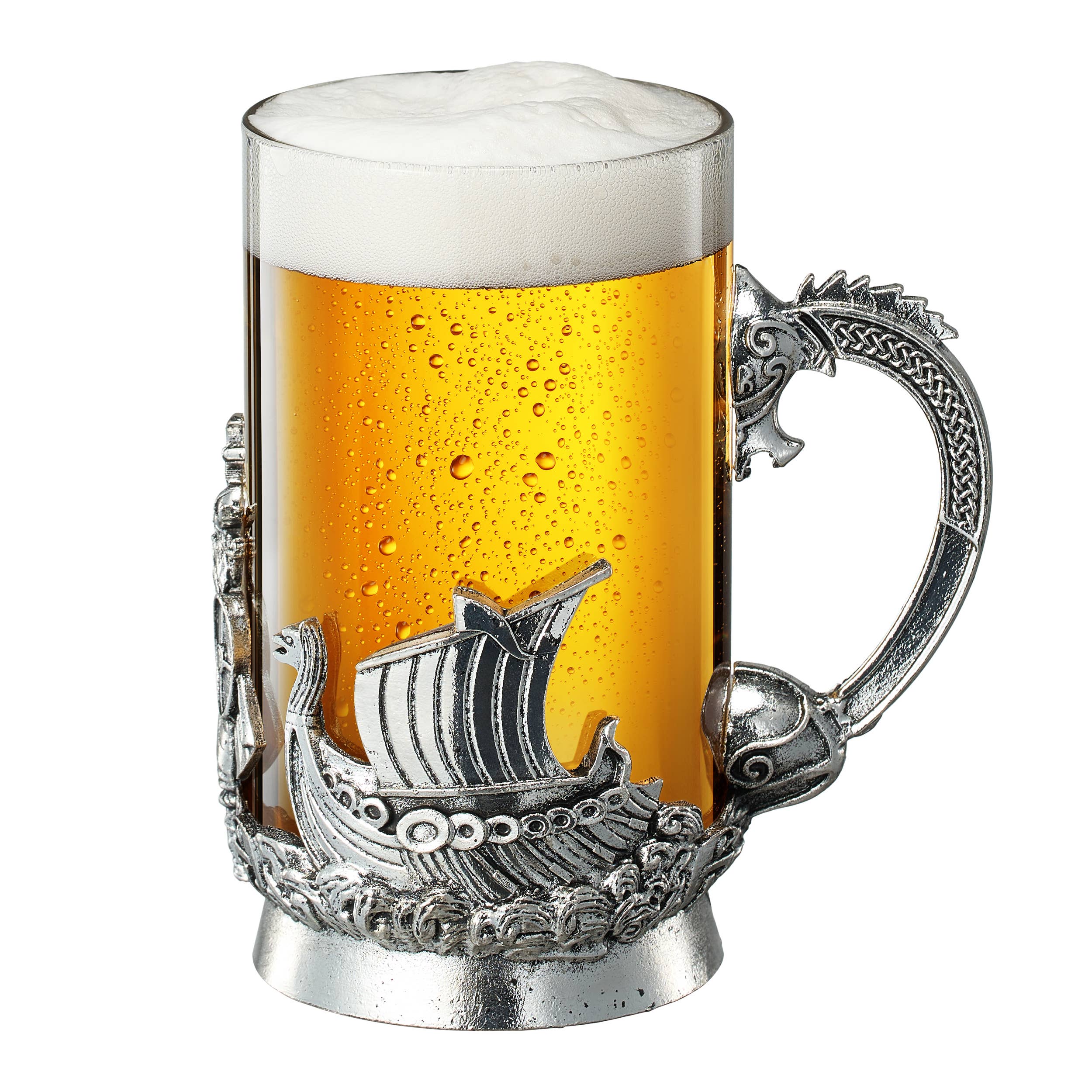 Enjoy your favorite brew in the Mug: Viking & Mythological Pewter Glass – 18 oz, featuring a foamy head in a glass stein adorned with a silver ship, ornate handle, and pewter medieval engravings—a true piece of Norse drinkware.