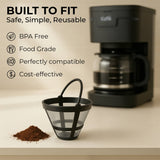The Kaffe Universal Permanent Coffee Filter—a reusable, BPA-free, food grade mesh filter with a handle—sits by ground coffee and a 5-cup maker, showcasing compatibility and cost-effectiveness for 5-cup coffee brewers.