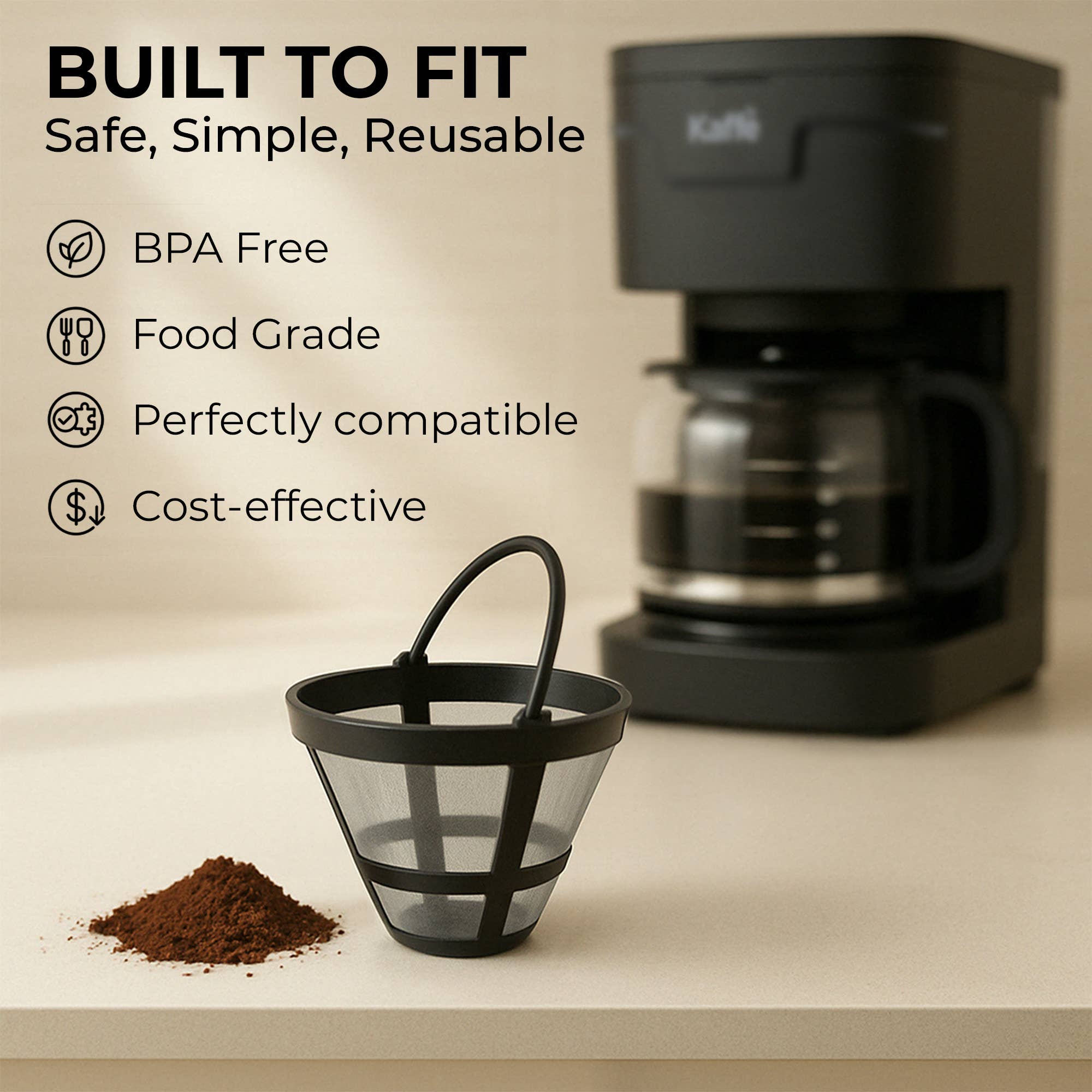 The Kaffe Universal Permanent Coffee Filter—a reusable, BPA-free, food grade mesh filter with a handle—sits by ground coffee and a 5-cup maker, showcasing compatibility and cost-effectiveness for 5-cup coffee brewers.
