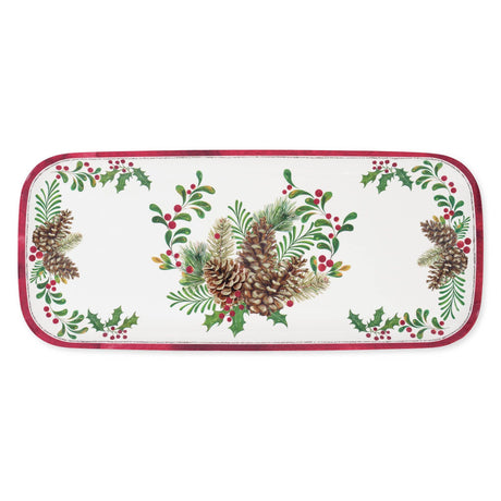Rectangular melamine tray with pinecones, holly leaves, and red berries in a Nordic design, bordered by a red rim on a white background.