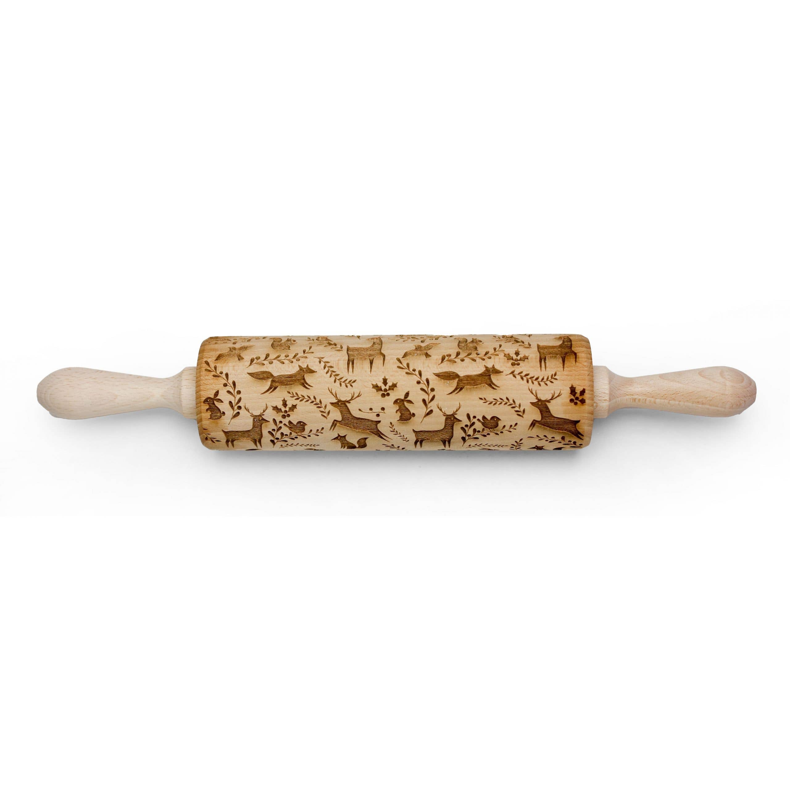 The Winter Woodland Animals Embossing Rolling Pin is handmade with engraved deer and forest patterns. It has handles on both sides, perfect for embossing dough with charming woodland animal designs.