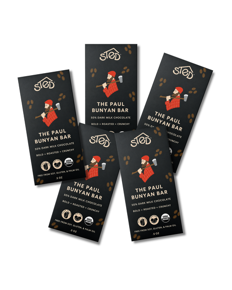 Six chocolate bar wrappers with black backgrounds and brown accents, each labeled The Paul Bunyan Bar and showing an illustrated lumberjack holding an axe.