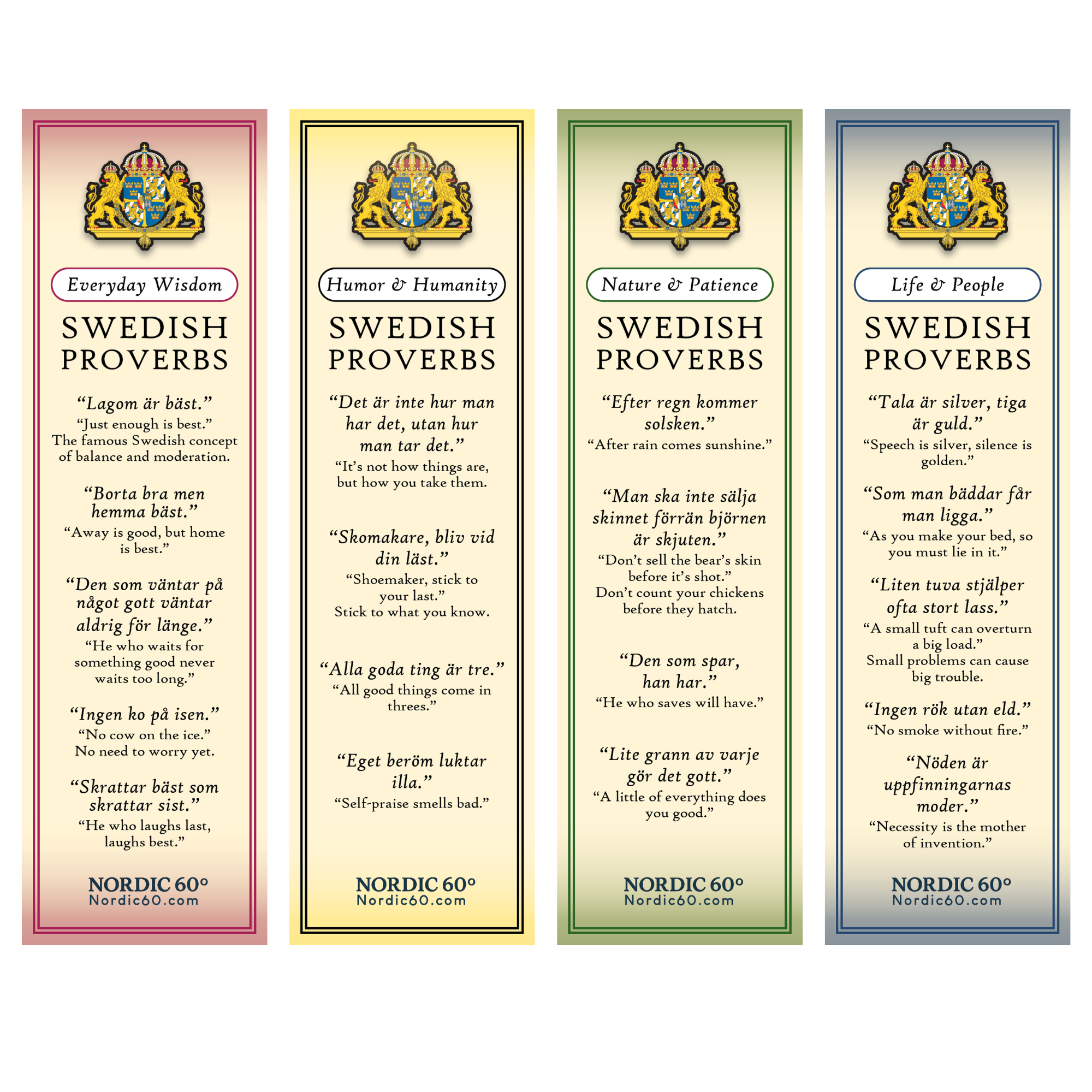 The 🎁 Bookmark: Set of 4 Swedish Proverbs Bookmarks (2.5" × 8.5") features proverbs in Swedish and English on four themes—a charming free gift or perfect for your BOGO Bundle at BOGOS.io.