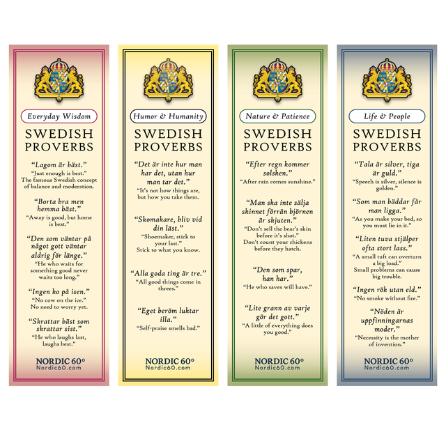 The Bookmark: Set of 4 Swedish Proverbs Bookmarks (2.5" × 8.5") shares Scandinavian wisdom in categories like Everyday Wisdom, Humor, Nature, and Life, each with decorative crests and translations—an ideal unique Swedish gift.