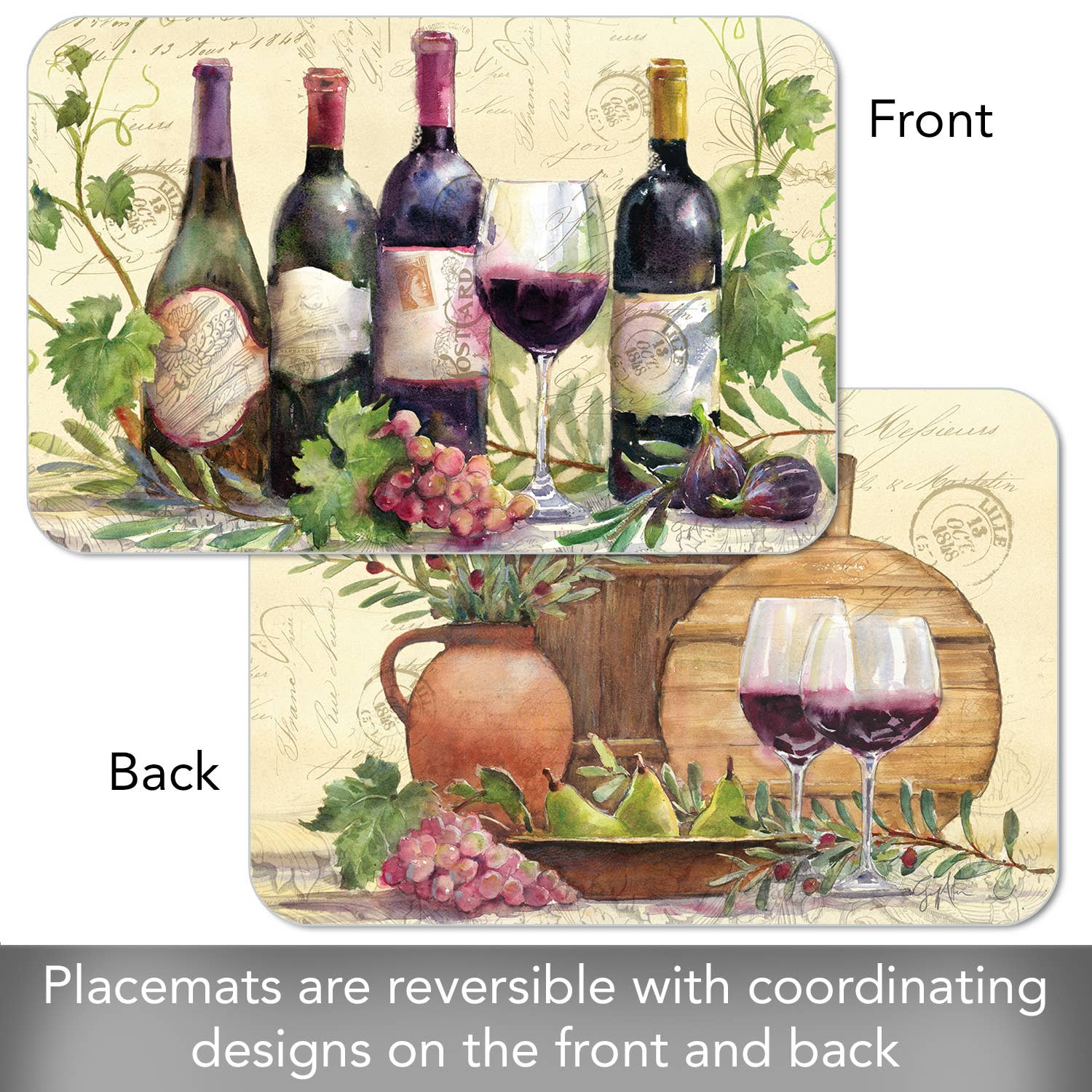 The Rustic Wine Reversible Rectangular Plastic Placemat features a charming rustic wine motif, highlighting bottles, glasses, grapes, and figs on one side, with jugs and a basket alongside wine glasses on the other. Crafted from BPA-free materials for effortless maintenance.