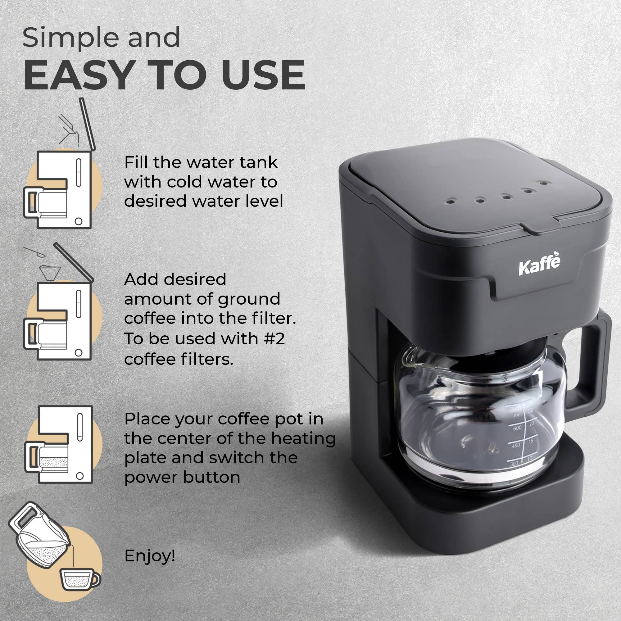 The Kaffe 5-Cup Coffee Maker w/ Scoop - Black fits easily on your counter and displays illustrated steps for filling with water, adding coffee to the reusable basket, placing the pot, and pressing power.