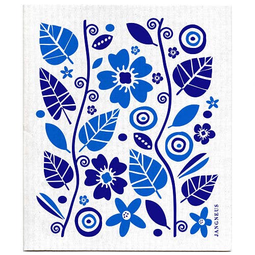 The Swedish Dish Cloth Garden Blue features a charming Scandinavian style with blue floral and leaf designs on a white background.