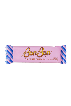 Chocolate wafer bar in a pink wrapper with blue stripes, shown on a white background. Text on wrapper reads “Net weight: 1.4 oz (40g)”.