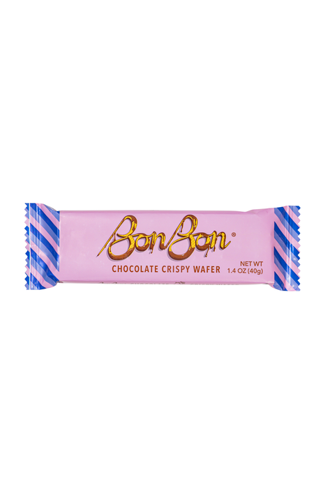 Chocolate wafer bar in a pink wrapper with blue stripes, shown on a white background. Text on wrapper reads “Net weight: 1.4 oz (40g)”.
