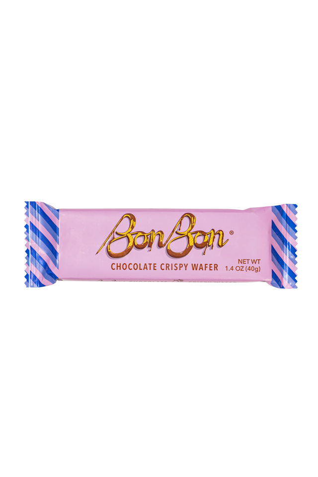 Chocolate wafer bar in a pink wrapper with blue stripes, shown on a white background. Text on wrapper reads “Net weight: 1.4 oz (40g)”.
