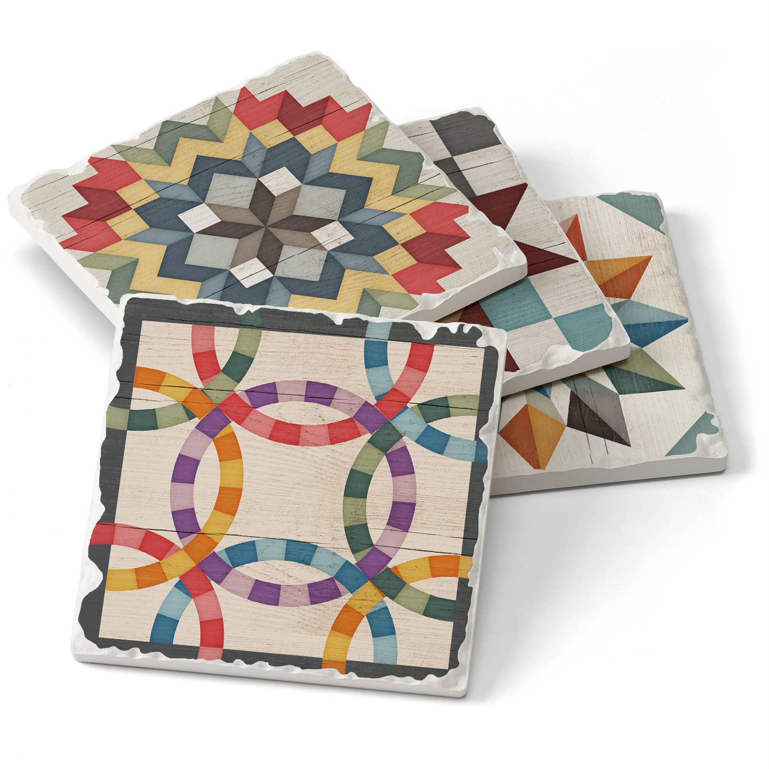 The Coaster: Barn Quilt Signs Stone Coasters set includes four cork-backed coasters featuring vibrant geometric and star designs on a white background.